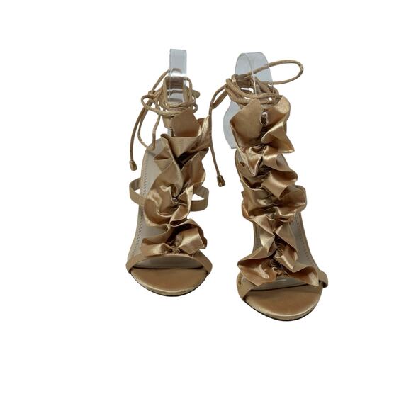 LIliana beige satin ruffled tie up heel sandals size 5.5 - Picture 12 of 15